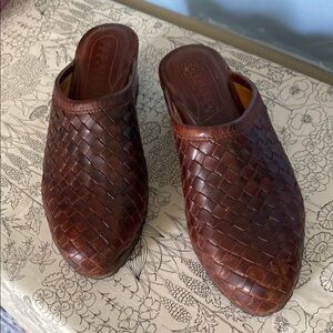 Brown Woven Leather Mules